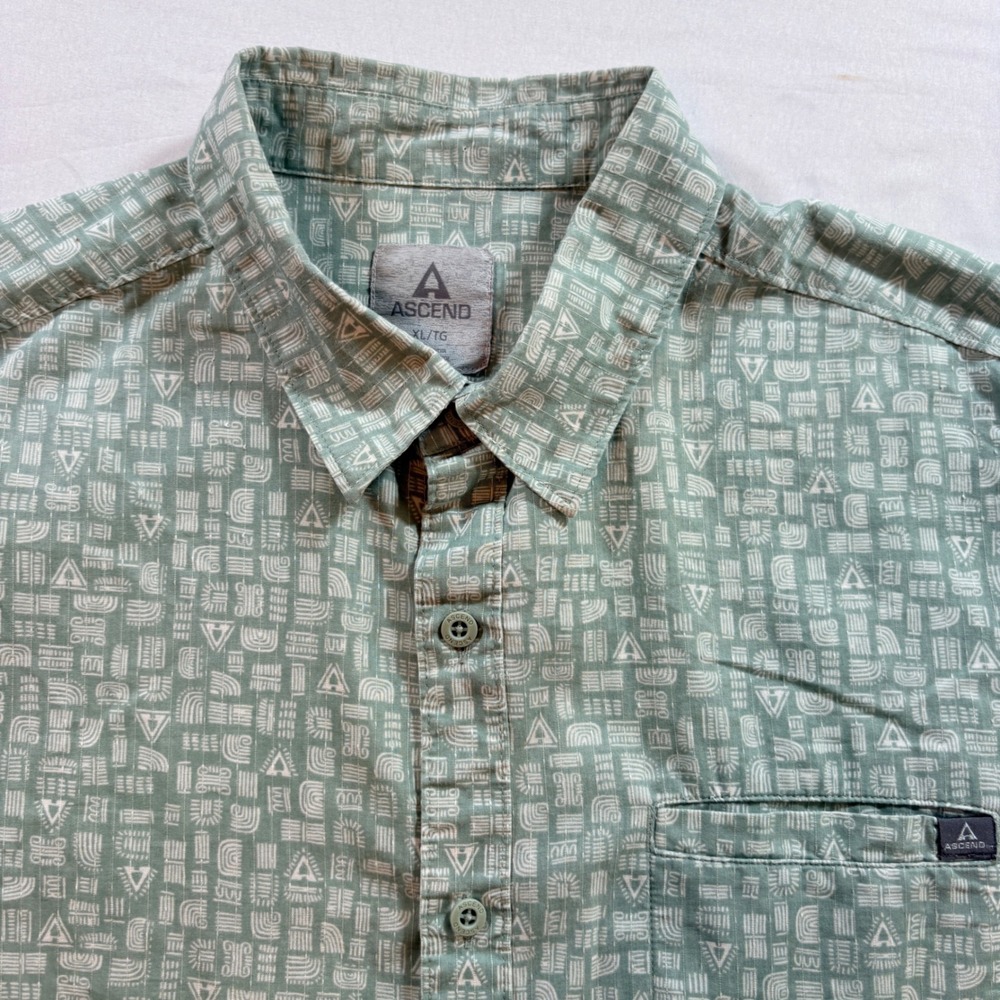Ascend Button Down Shirt Mens XL Green Geometric Organic Cotton Short Sleeve